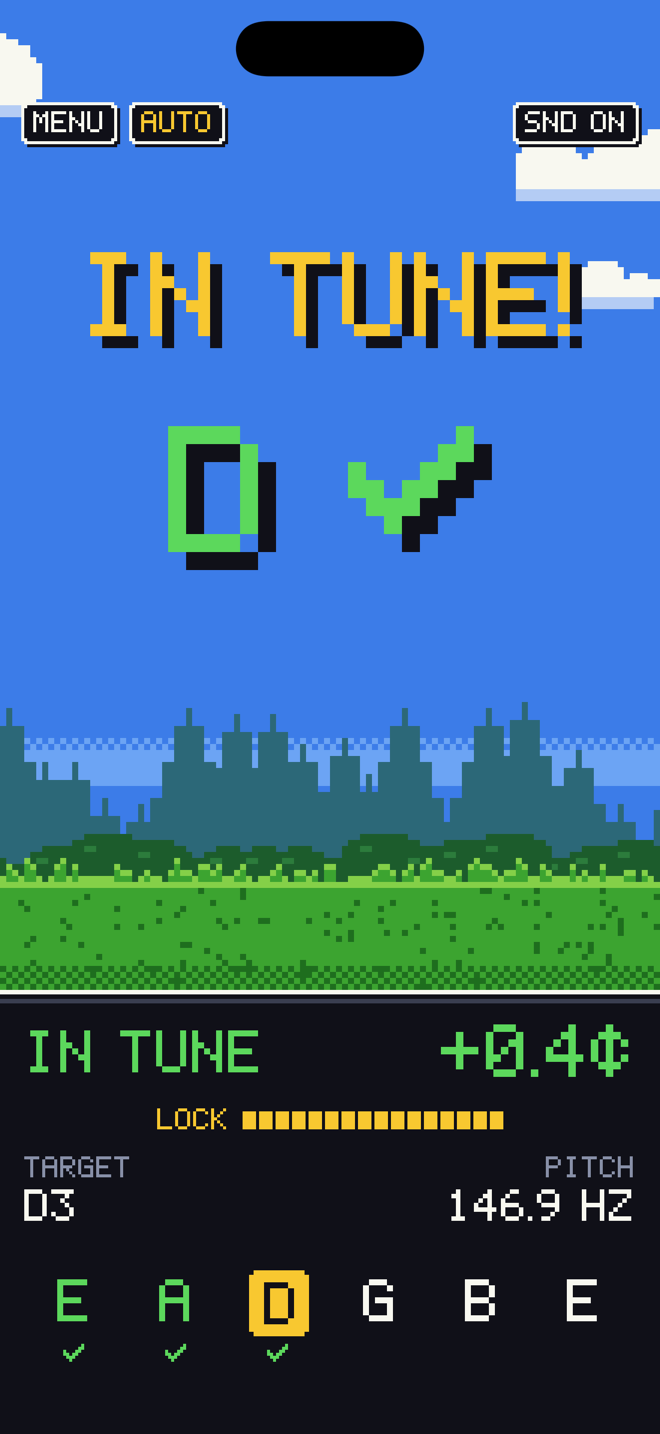 The tuner showing IN TUNE! with a green check
