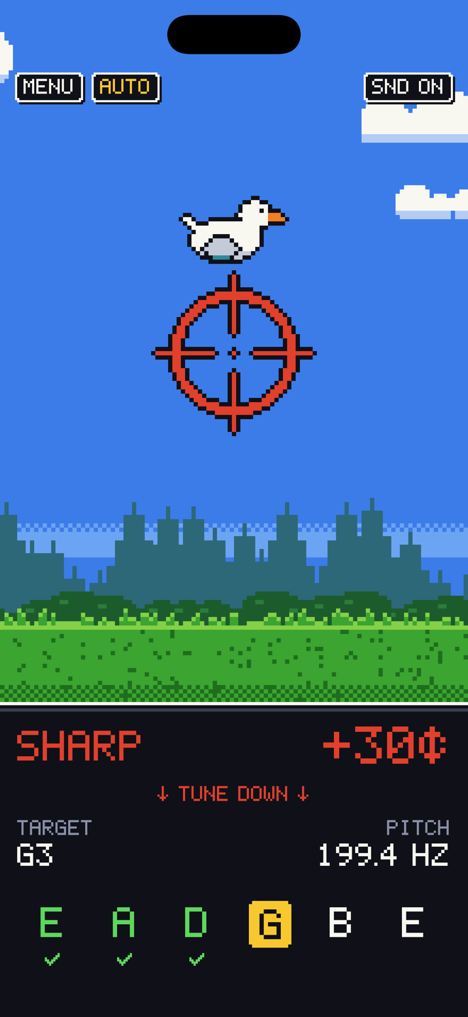 The tuner: the duck flies above the sight because the string is sharp